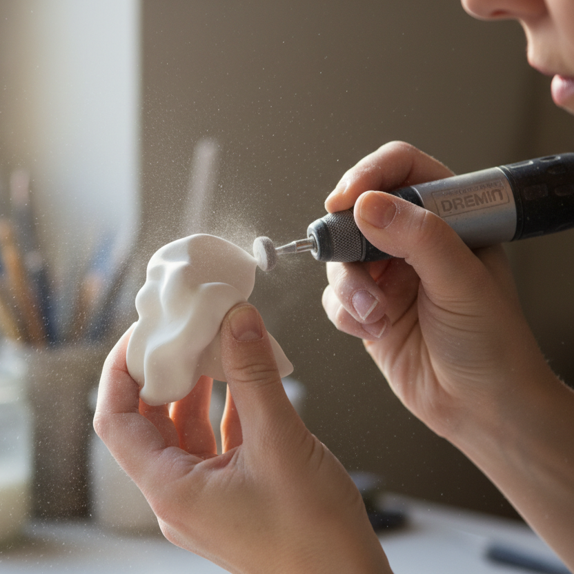 primer plano de manos de mujer puliendo con una dremel una pieza de porcelana pequeña sin una forma definida